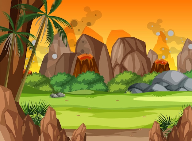 Vector scene with volcano eruptions