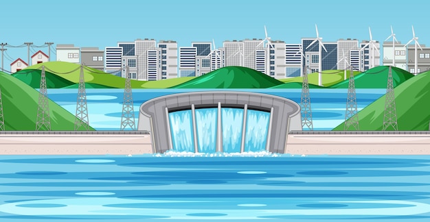 Vector scene with water dam in the city