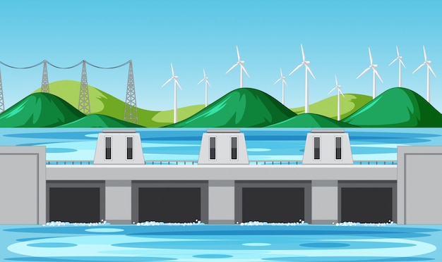 Vector scene with water dam and wind turbines on the hills