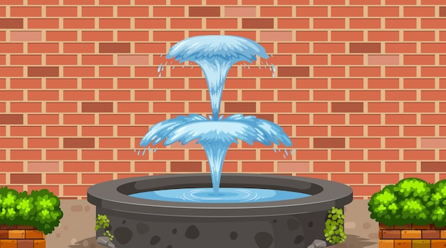 Vector scene with water fountain and brick wall