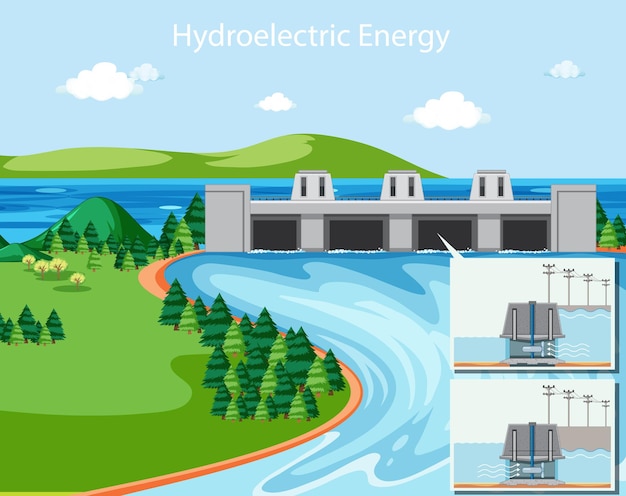 Vector scene with watergate blocking river and lake