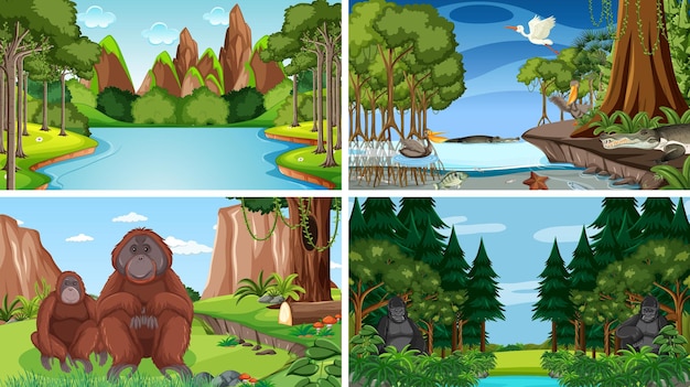 Vector scene with wild animals in the forest