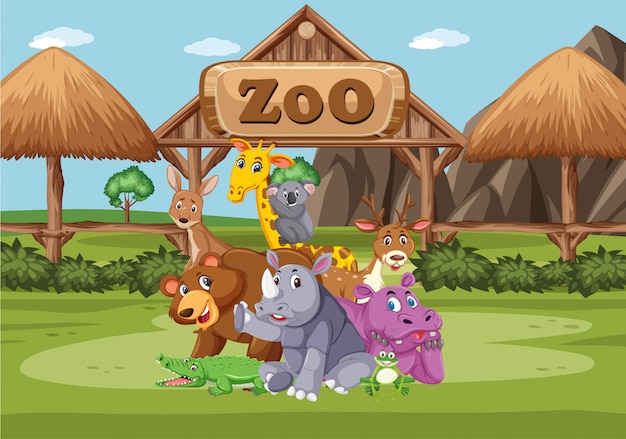 ベクトル 昼間の動物園での野生動物とのシーン