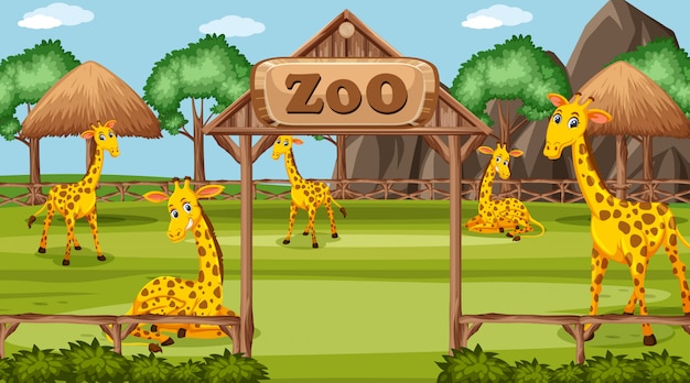 Vector scene with wild animals in the zoo at day time