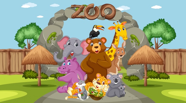 Vector scene with wild animals in the zoo at day time