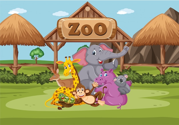 Vector scene with wild animals in the zoo at day time