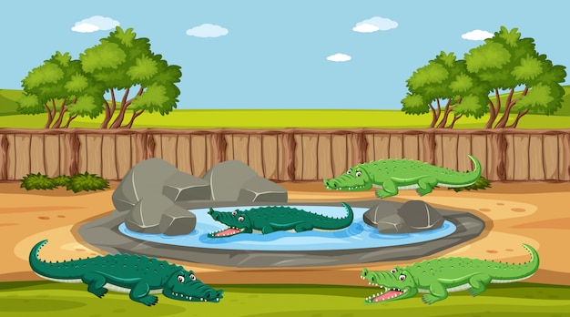 Vector scene with wild animals in the zoo at day time