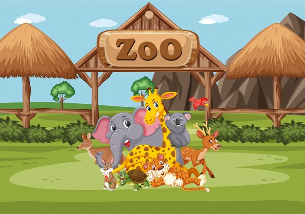 Vector scene with wild animals in the zoo at day time