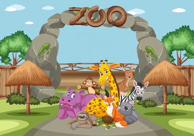 Vector scene with wild animals in the zoo at day time