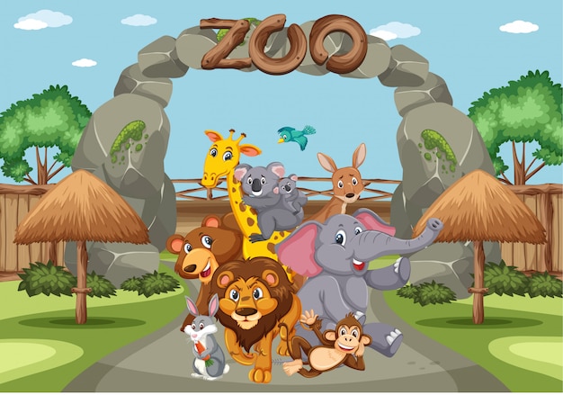 Scene with wild animals in the zoo at day time