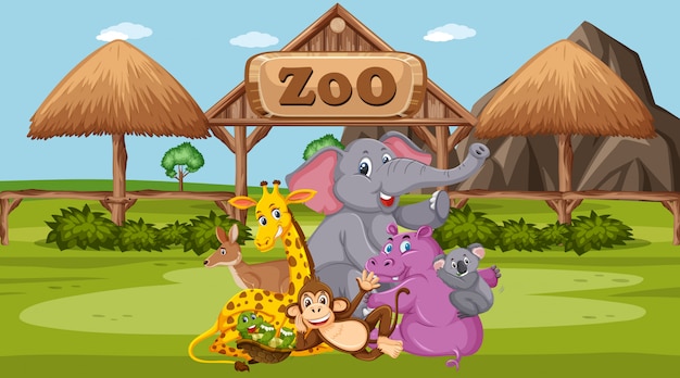 Scene with wild animals in the zoo at day time