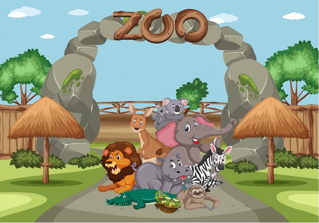 Vector scene with wild animals in the zoo at day time