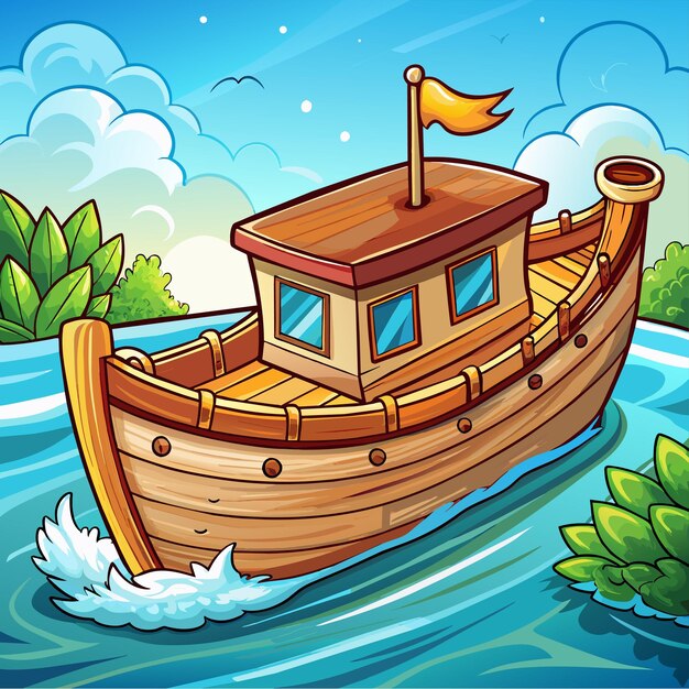 Vector scene with wooden boat on the shore hand drawn sticker icon concept isolated illustration