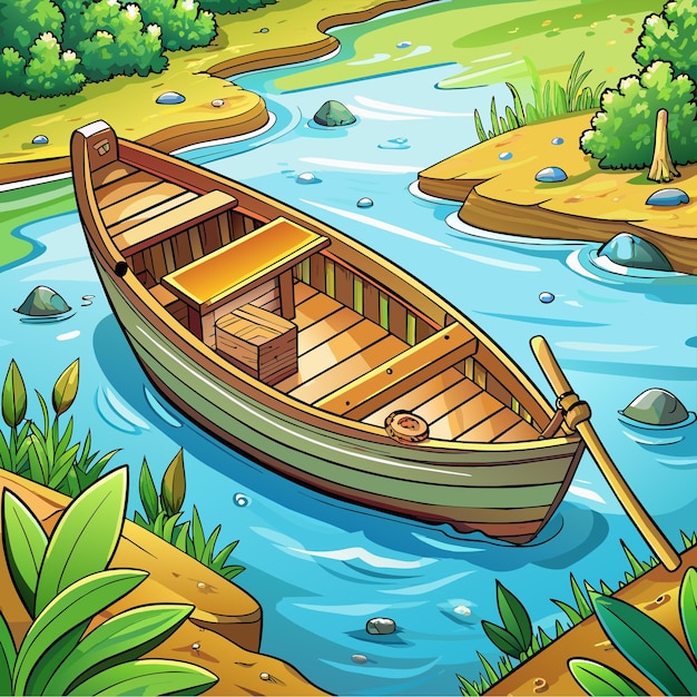 Vector scene with wooden boat on the shore hand drawn sticker icon concept isolated illustration