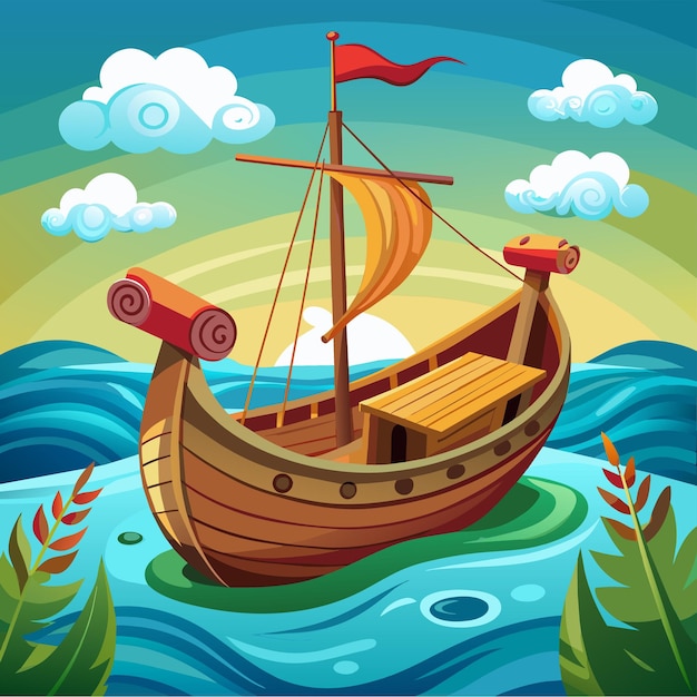 Scene with wooden boat on the shore hand drawn sticker icon concept isolated illustration