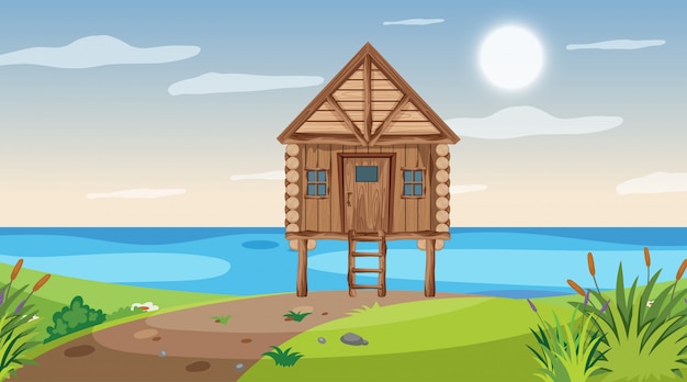 Vector scene with wooden cottage in the field by the river