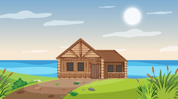 scene with wooden cottage in the field by the river