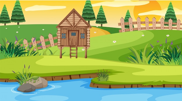 Vector scene with wooden cottage in the field