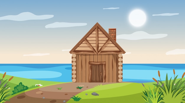 Vector scene with wooden cottage in the field