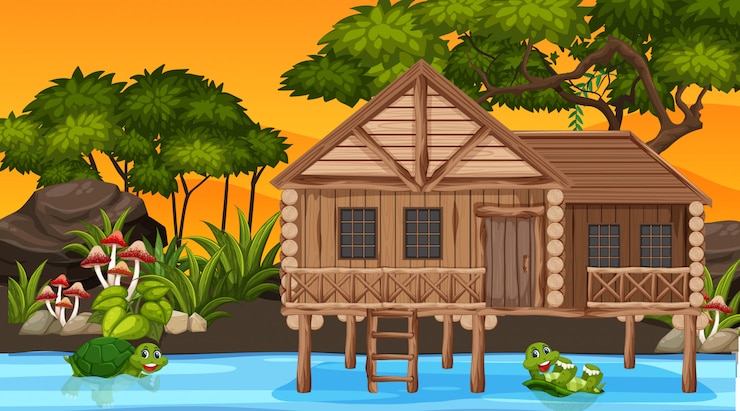Vector scene with wooden cottage in the field
