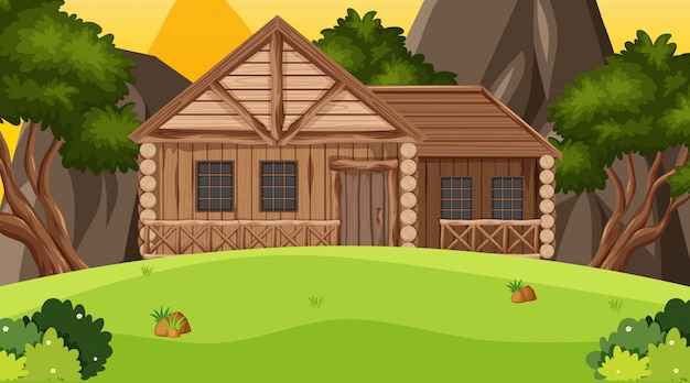 Vector scene with wooden cottage in the field