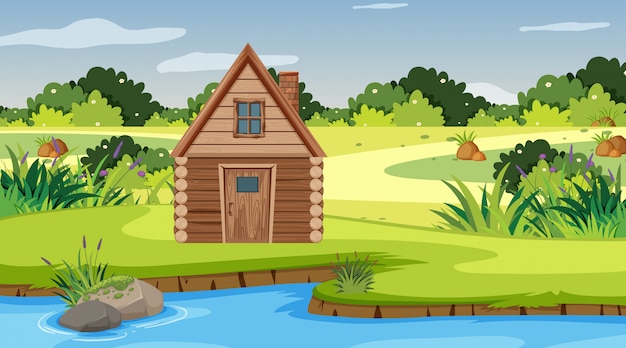 Vector scene with wooden cottage in the field