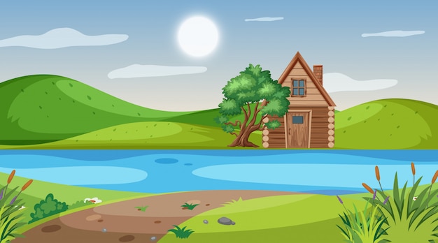 Vector scene with wooden cottage in the field
