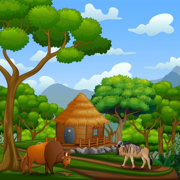 Vector scene with wooden cottage with animals