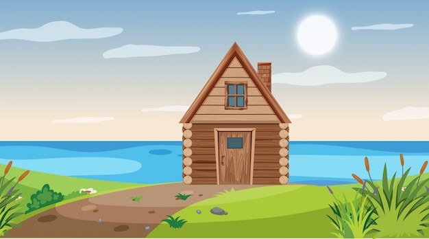 Vector scene with wooden hut by the lake