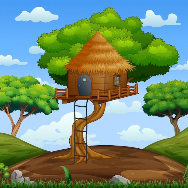 Scene with wooden treehouse in the forest