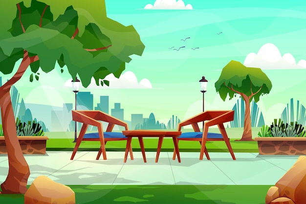 Vector scene of wooden chair and table in nature park