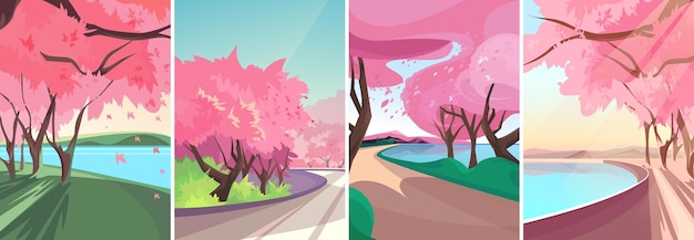 Sceneries with blooming sakura. Spring landscapes in vertical orientation.