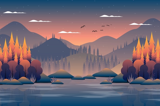 Vector scenery autumn forest with mountain and sky illustration
