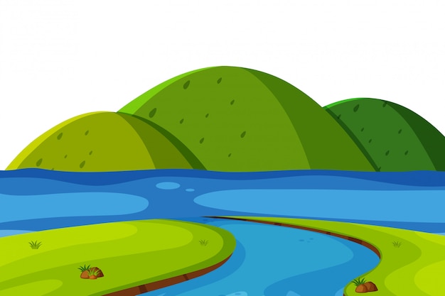 Vector scenery background of green mountains and river