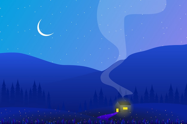 Vector scenery country side with pine forest and sky night