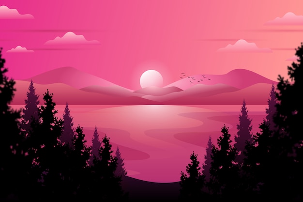 Vector scenery evening sky and sea with starry night and pine tree wood on mountain illustration