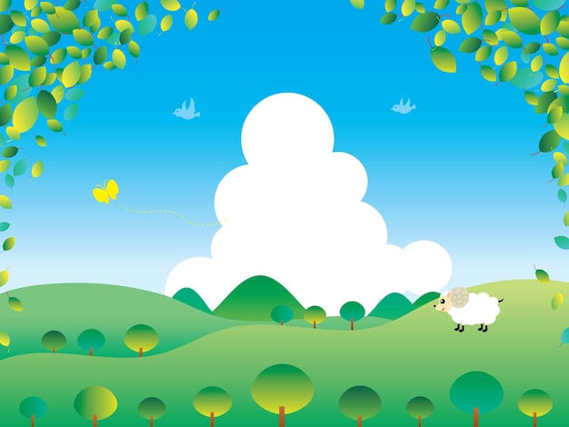 Пейзаж свежего зеленого поля с овцами и бабочками и грозовой тучей летом