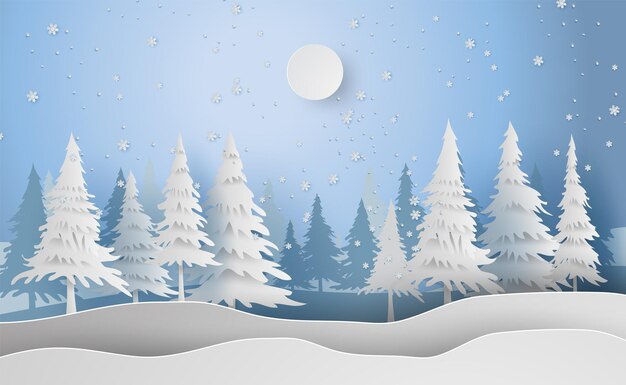 Vettore scenario buon natale e capodanno in vacanza sfondo con foresta inverno fiocchi di neve stagione paesaggio. arte della carta design creativo e stile di taglio per carta e cartolina di natale vector illustration.eps10