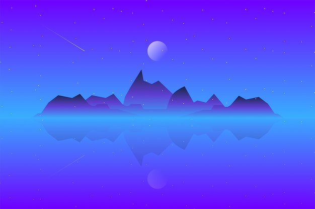 Vector scenery mountain landscape with starry night illustration