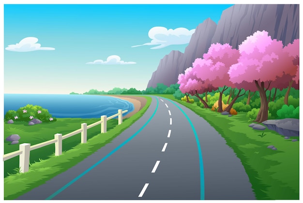 Vector scenery of mountains and trees the sea in the daytime.