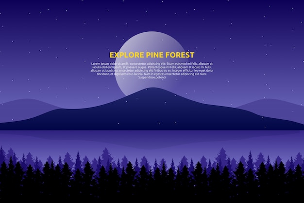 Vettore paesaggio cielo viola e mare con notte stellata e legno di pino sulla montagna