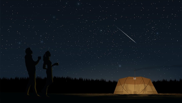 Vector scenery vector illustration of a lover that have separated from the group to outside the tent and is casually drinking a coffee and looking up to see the stunning view of a starry sky