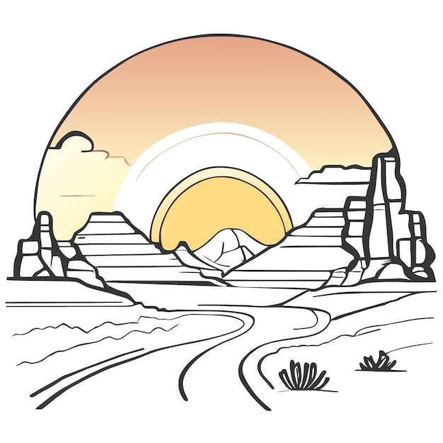 Векторная иллюстрация пейзажа на шоссе через пустыню с закатом солнца в каньоне