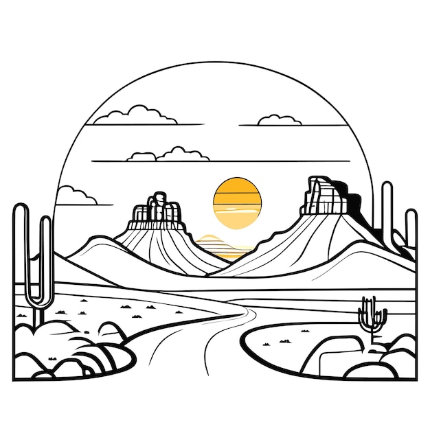 Vector scenery vector illustration of a statetostate highway across a desert with a sunset at the canyon