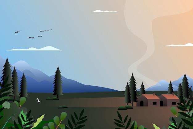 Vector scenery of village with mountain and sky