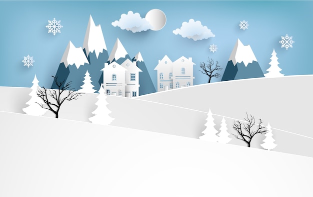 scenery in the winter with homes and snowy hills