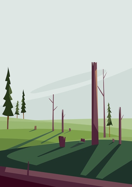 Vector scenery with felled trees dead nature landscape in portrait format