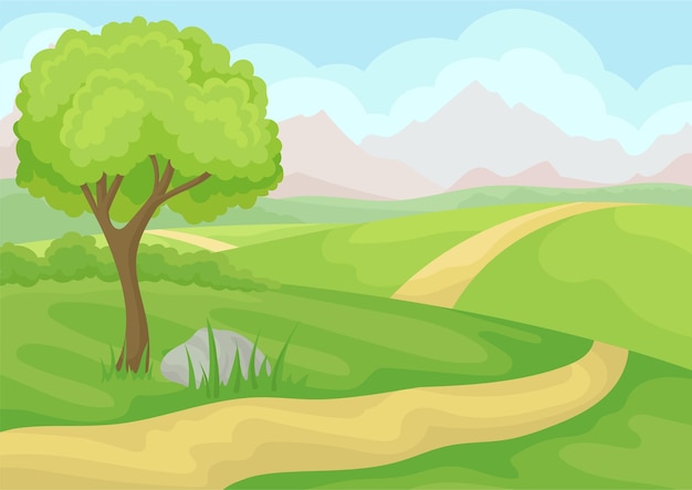 Scenery with tree ground road and green meadows mountains and blue sky natural landscape cartoon