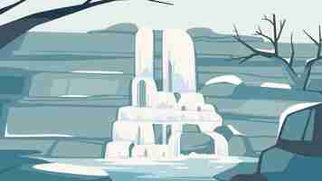 Vector scenery with waterfall in winter season. beautiful nature landscape.