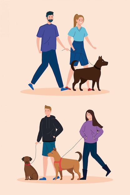 Vector scenes of couple walking with dogs